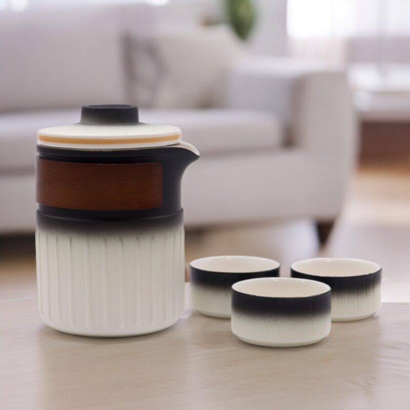 Set da tè da viaggio con teiera e 3 tazze in ceramica e legno