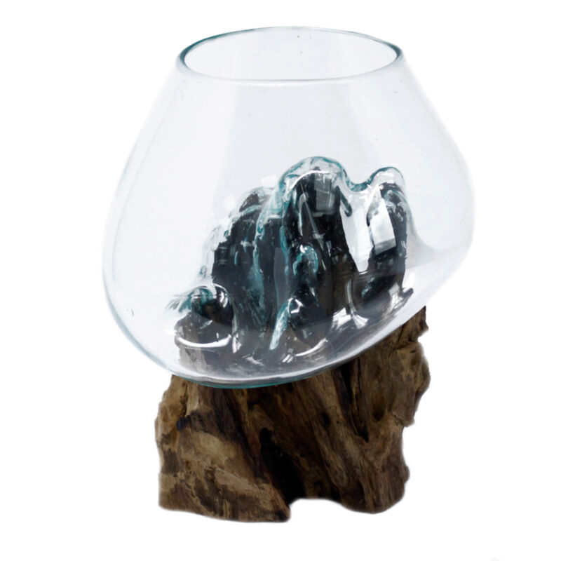 vaso grande vetro soffiato su legno artigianale 18×18×22 cm